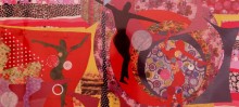 Mostra Segunda Pele - Acervo do artista Luiz Lopez. Série Carnaval – Alegoria I. Colagem de retalhos sobre tela. 90 x 110 cm.
